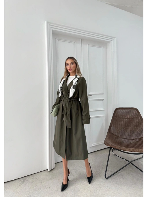 YAKA FULAR DETAY KUŞAKLI İÇ ASTARLI UZUN TRENÇKOT HAKİ