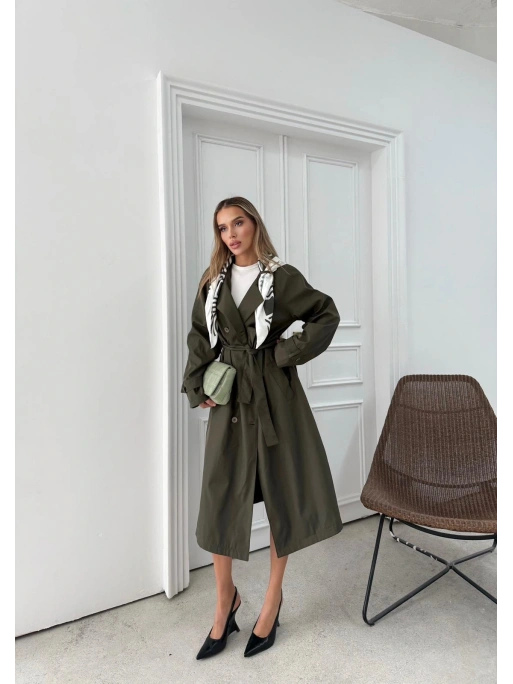 YAKA FULAR DETAY KUŞAKLI İÇ ASTARLI UZUN TRENÇKOT HAKİ