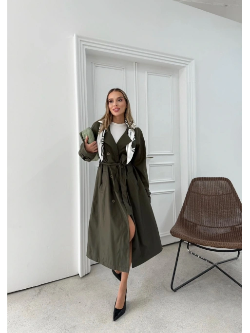 YAKA FULAR DETAY KUŞAKLI İÇ ASTARLI UZUN TRENÇKOT HAKİ