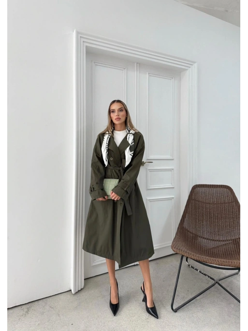 YAKA FULAR DETAY KUŞAKLI İÇ ASTARLI UZUN TRENÇKOT HAKİ