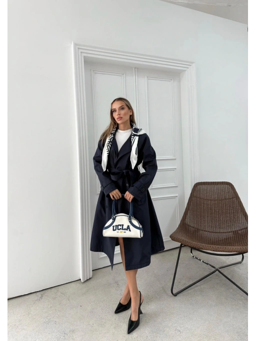 YAKA FULAR DETAY KUŞAKLI İÇ ASTARLI UZUN TRENÇKOT LACİVERT