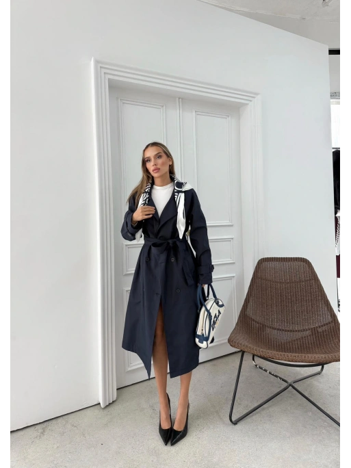 YAKA FULAR DETAY KUŞAKLI İÇ ASTARLI UZUN TRENÇKOT LACİVERT