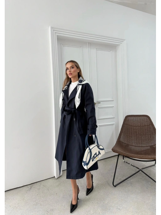 YAKA FULAR DETAY KUŞAKLI İÇ ASTARLI UZUN TRENÇKOT LACİVERT