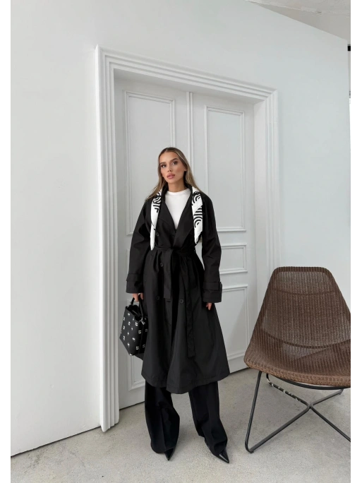 YAKA FULAR DETAY KUŞAKLI İÇ ASTARLI UZUN TRENÇKOT SİYAH