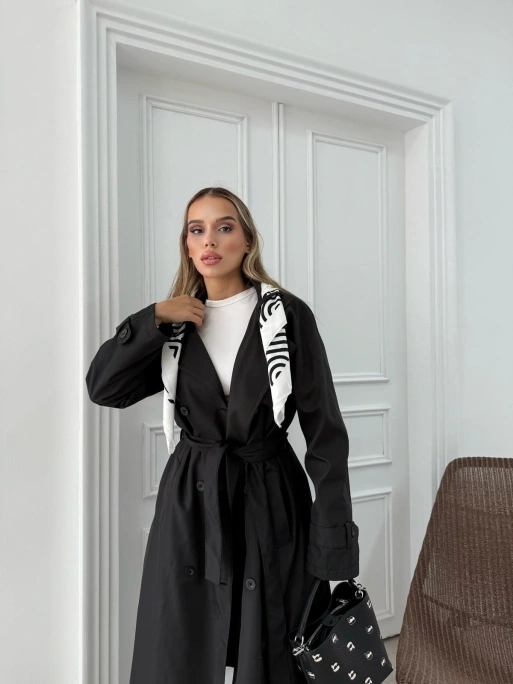 YAKA FULAR DETAY KUŞAKLI İÇ ASTARLI UZUN TRENÇKOT SİYAH