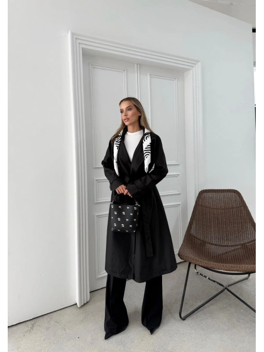 YAKA FULAR DETAY KUŞAKLI İÇ ASTARLI UZUN TRENÇKOT SİYAH