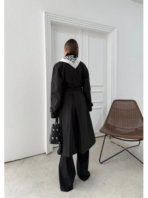 YAKA FULAR DETAY KUŞAKLI İÇ ASTARLI UZUN TRENÇKOT SİYAH