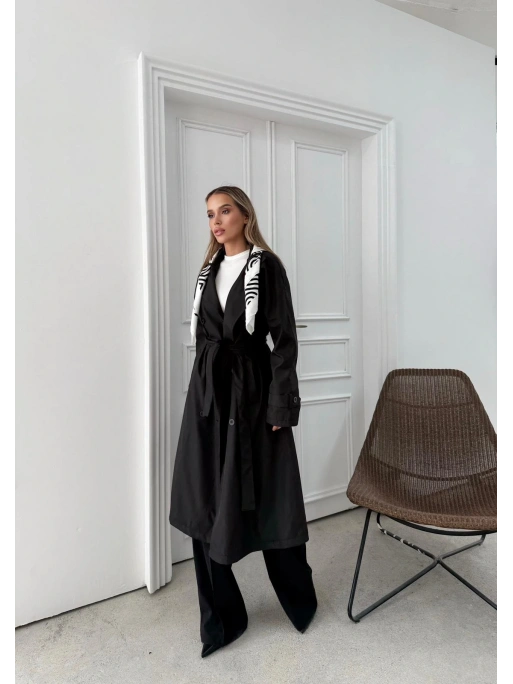 YAKA FULAR DETAY KUŞAKLI İÇ ASTARLI UZUN TRENÇKOT SİYAH