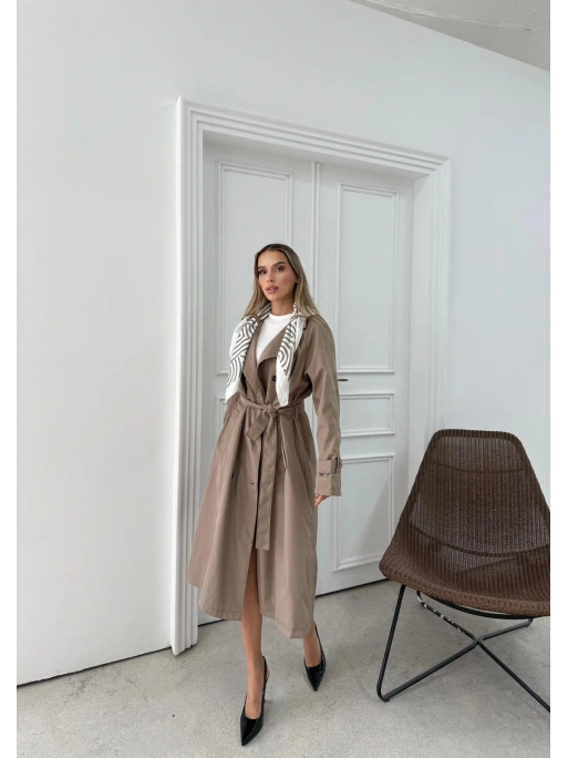 YAKA FULAR DETAY KUŞAKLI İÇ ASTARLI UZUN TRENÇKOT VİZON