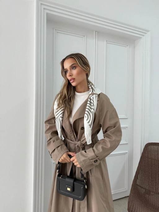 YAKA FULAR DETAY KUŞAKLI İÇ ASTARLI UZUN TRENÇKOT VİZON