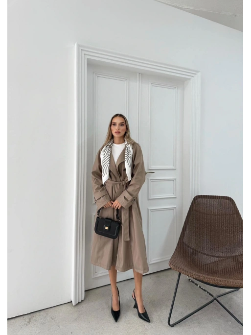 YAKA FULAR DETAY KUŞAKLI İÇ ASTARLI UZUN TRENÇKOT VİZON