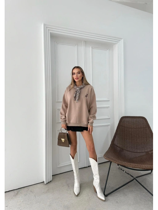 YAKA FULARLI NAKIŞDETAY SWEAT KAHVE