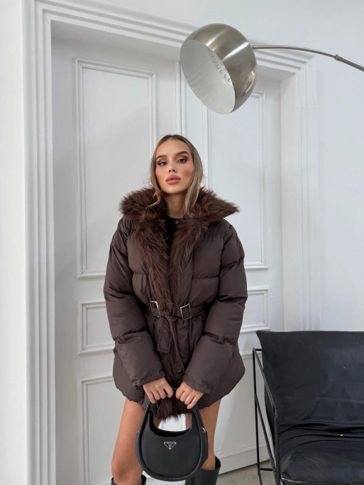 YAKA KÜRK DETAY BEL KEMERLİ ŞİŞME MONT KAHVE