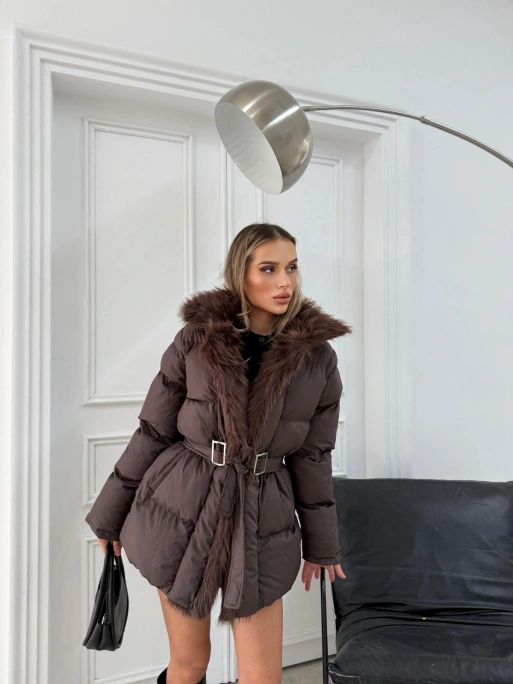 YAKA KÜRK DETAY BEL KEMERLİ ŞİŞME MONT KAHVE