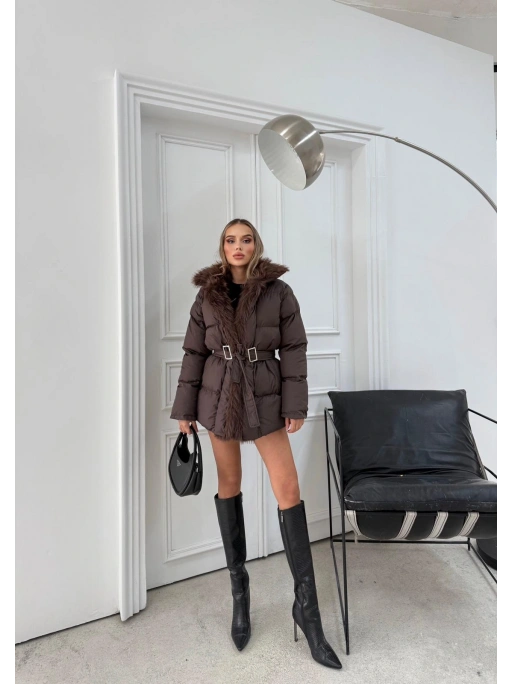 YAKA KÜRK DETAY BEL KEMERLİ ŞİŞME MONT KAHVE