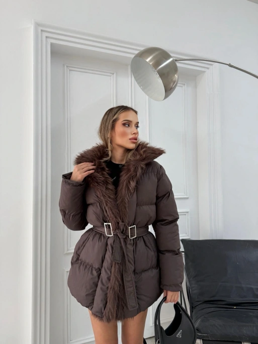 YAKA KÜRK DETAY BEL KEMERLİ ŞİŞME MONT KAHVE