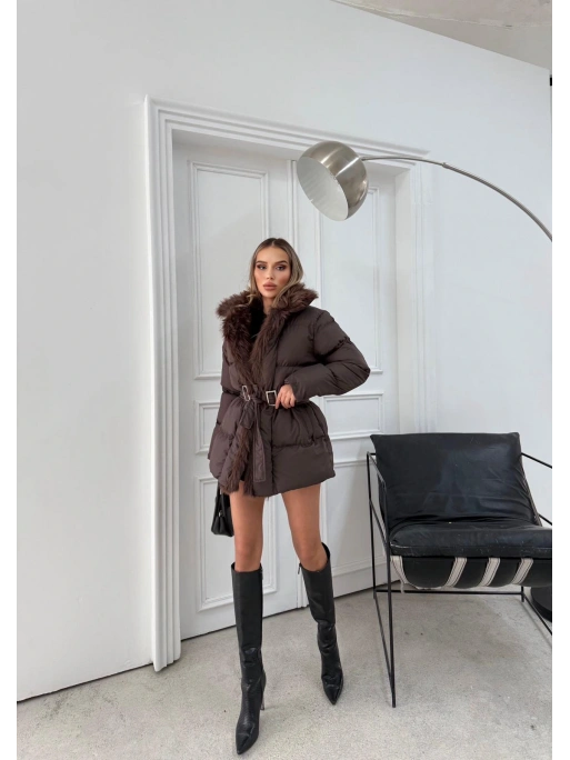 YAKA KÜRK DETAY BEL KEMERLİ ŞİŞME MONT KAHVE