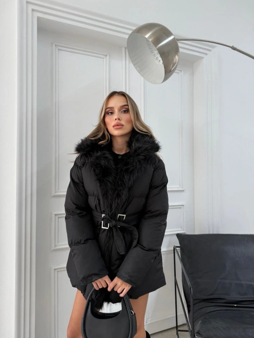 YAKA KÜRK DETAY BEL KEMERLİ ŞİŞME MONT SİYAH