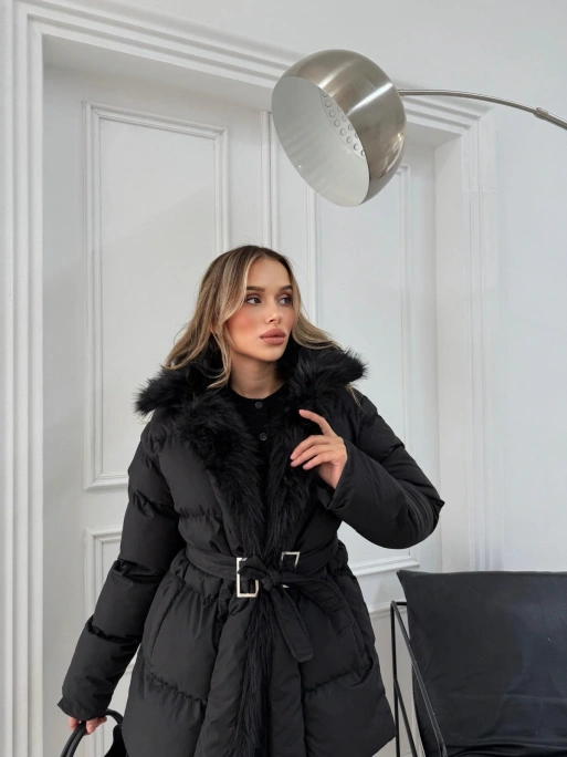 YAKA KÜRK DETAY BEL KEMERLİ ŞİŞME MONT SİYAH