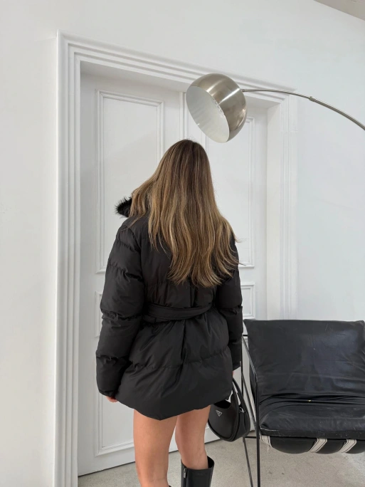 YAKA KÜRK DETAY BEL KEMERLİ ŞİŞME MONT SİYAH