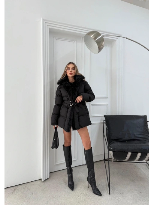 YAKA KÜRK DETAY BEL KEMERLİ ŞİŞME MONT SİYAH