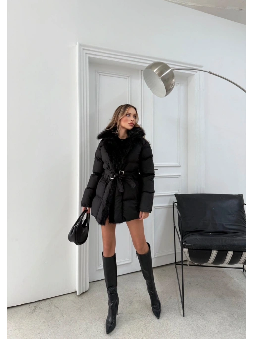 YAKA KÜRK DETAY BEL KEMERLİ ŞİŞME MONT SİYAH