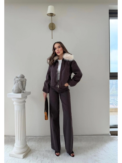 YAKA KÜRK DETAY HIRKA VE PANTOLONLU KOT TAKIM MÜRDÜM