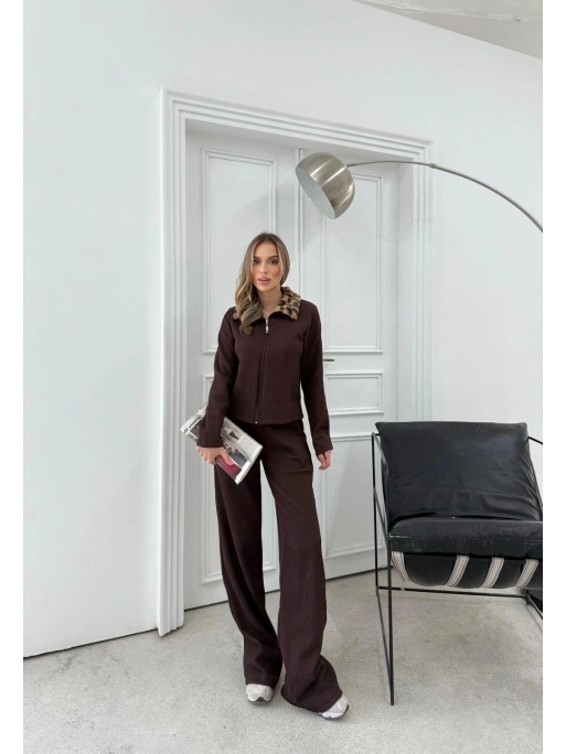 YAKA KÜRK DETAY HIRKA VE PANTOLONLU TRİKO İKİLİ TAKIM KAHVE