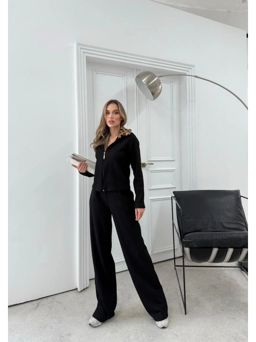 YAKA KÜRK DETAY HIRKA VE PANTOLONLU TRİKO İKİLİ TAKIM SİYAH