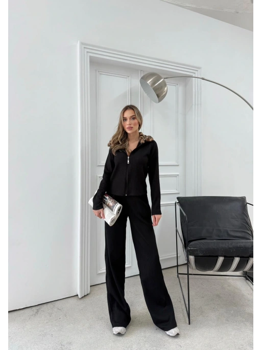 YAKA KÜRK DETAY HIRKA VE PANTOLONLU TRİKO İKİLİ TAKIM SİYAH