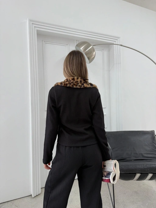 YAKA KÜRK DETAY HIRKA VE PANTOLONLU TRİKO İKİLİ TAKIM SİYAH