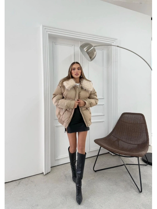 YAKA KÜRK DETAY İÇ ASTARLI ŞİŞME MONT BEJ