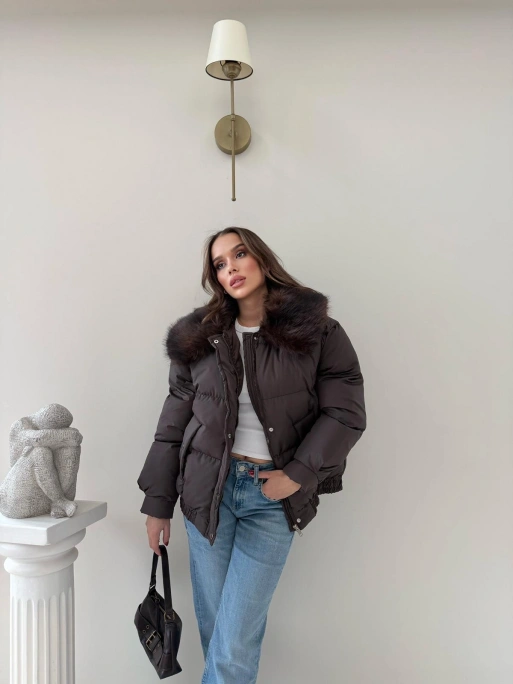 YAKA KÜRK DETAY İÇ ASTARLI ŞİŞME MONT KAHVE