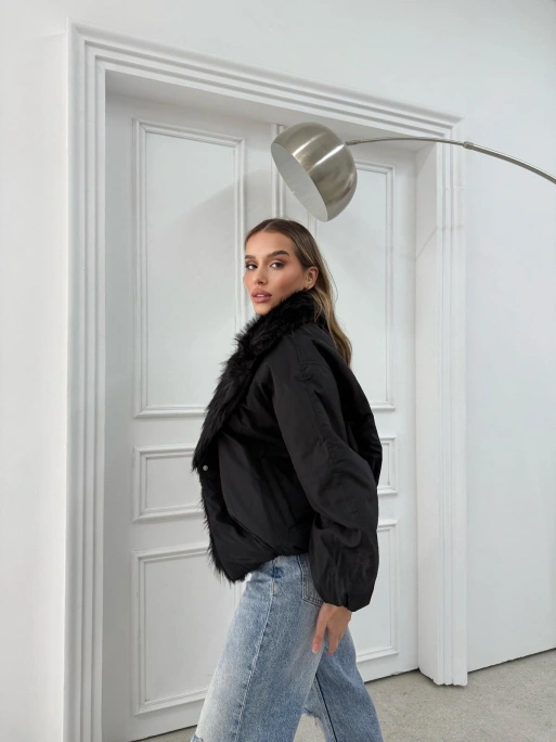 YAKA KÜRK DETAY İÇ ASTARLI ŞİŞME MONT SİYAH 1132