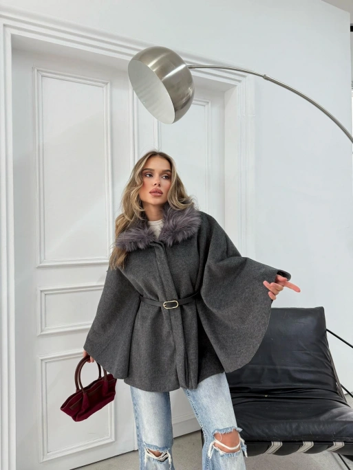 YAKA KÜRK DETAY KEMERLİ KAŞE PANÇO ANTRASİT