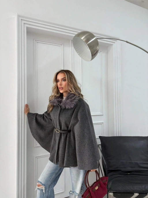 YAKA KÜRK DETAY KEMERLİ KAŞE PANÇO ANTRASİT