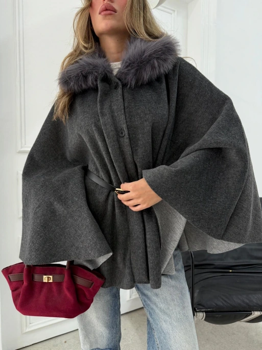 YAKA KÜRK DETAY KEMERLİ KAŞE PANÇO ANTRASİT