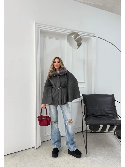 YAKA KÜRK DETAY KEMERLİ KAŞE PANÇO ANTRASİT