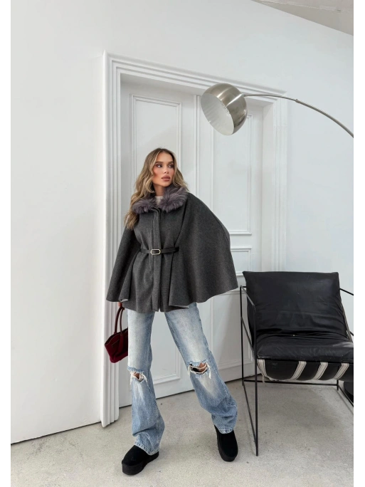 YAKA KÜRK DETAY KEMERLİ KAŞE PANÇO ANTRASİT