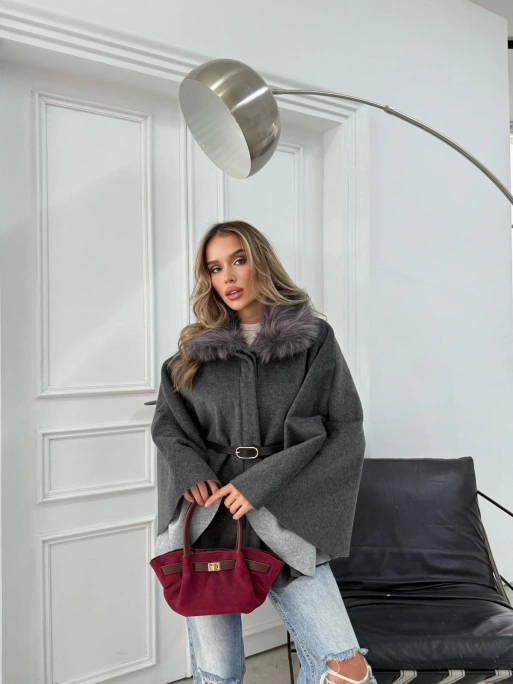 YAKA KÜRK DETAY KEMERLİ KAŞE PANÇO ANTRASİT