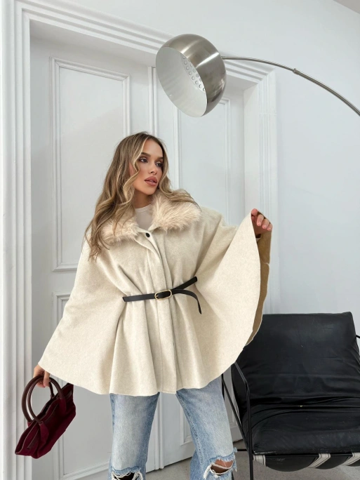 YAKA KÜRK DETAY KEMERLİ KAŞE PANÇO KREM