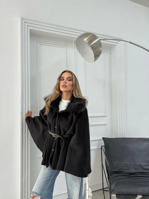 YAKA KÜRK DETAY KEMERLİ KAŞE PANÇO SİYAH