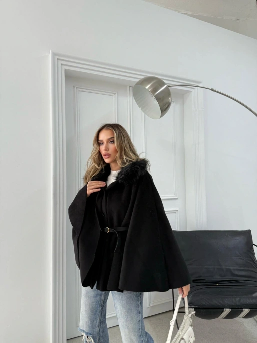 YAKA KÜRK DETAY KEMERLİ KAŞE PANÇO SİYAH