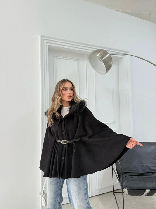 YAKA KÜRK DETAY KEMERLİ KAŞE PANÇO SİYAH