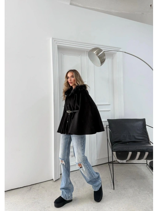 YAKA KÜRK DETAY KEMERLİ KAŞE PANÇO SİYAH