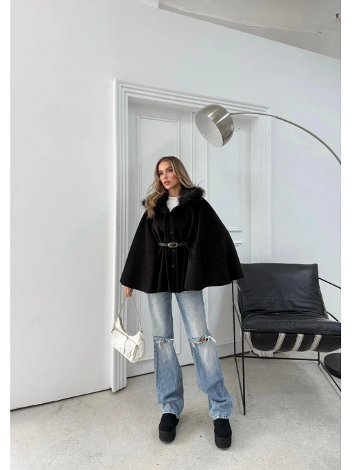 YAKA KÜRK DETAY KEMERLİ KAŞE PANÇO SİYAH