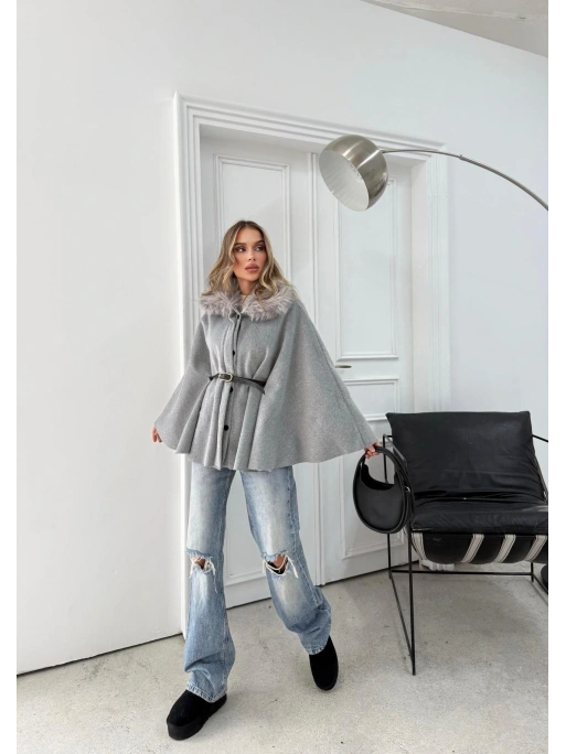 YAKA KÜRK DETAY KEMERLİ KAŞE PANÇO GRİ