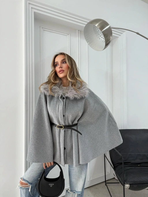 YAKA KÜRK DETAY KEMERLİ KAŞE PANÇO GRİ