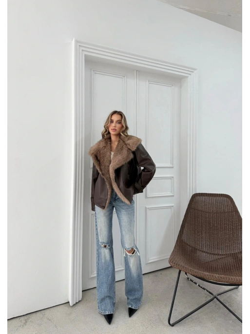 YAKA KÜRK VE BEL KUŞAKLI DERİ MONT KAHVE