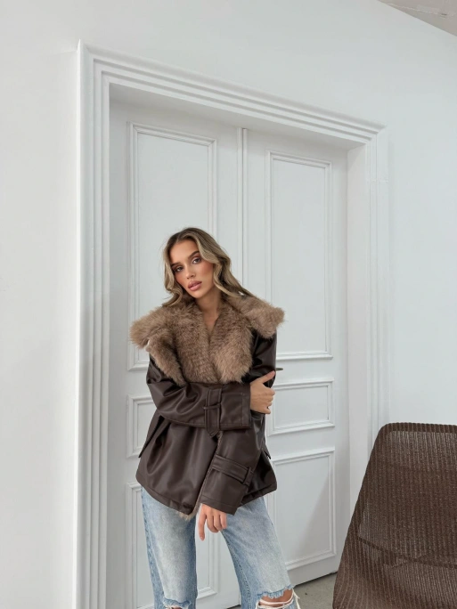 YAKA KÜRK VE BEL KUŞAKLI DERİ MONT KAHVE